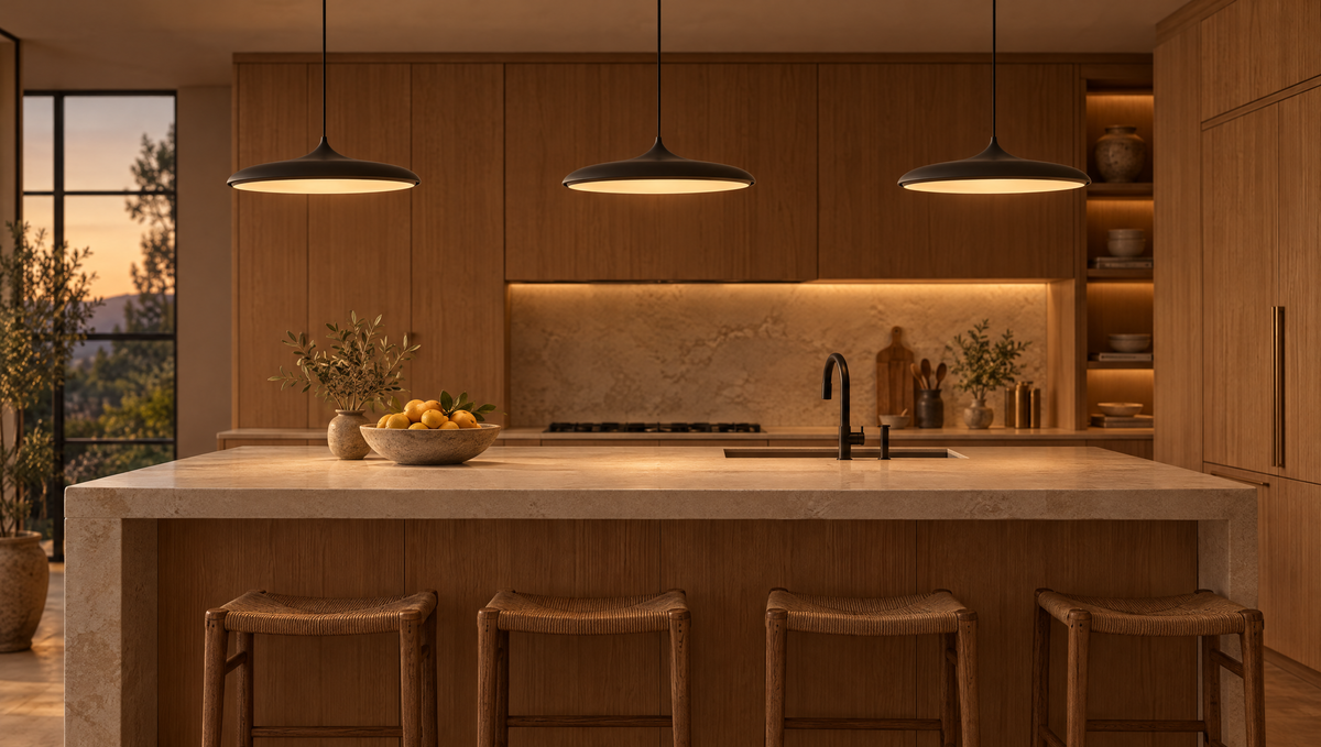 Three flat circular LED pendant lights above a kitchen island at dusk