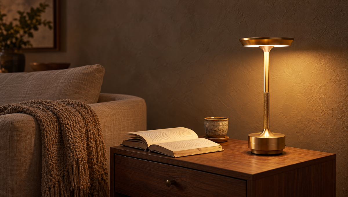 Cordless polished gold touch table lamp on a side table in a warm living room