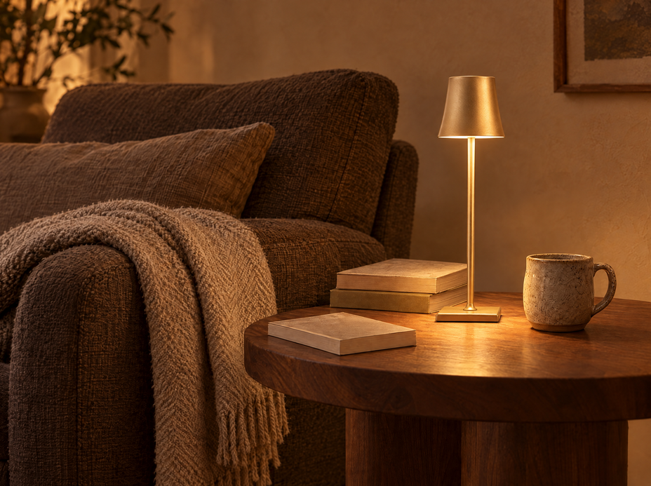 Cool Hue metal table lamp in gold glowing beside an armchair in a reading nook