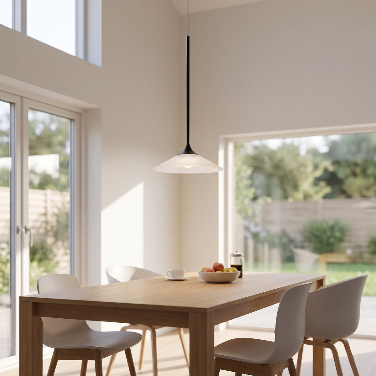 1-Light 5W LED Mini Cone Pendant Light with Acrylic Shade - lifestyle, single pendant centered over fruit bowl on modern dining table