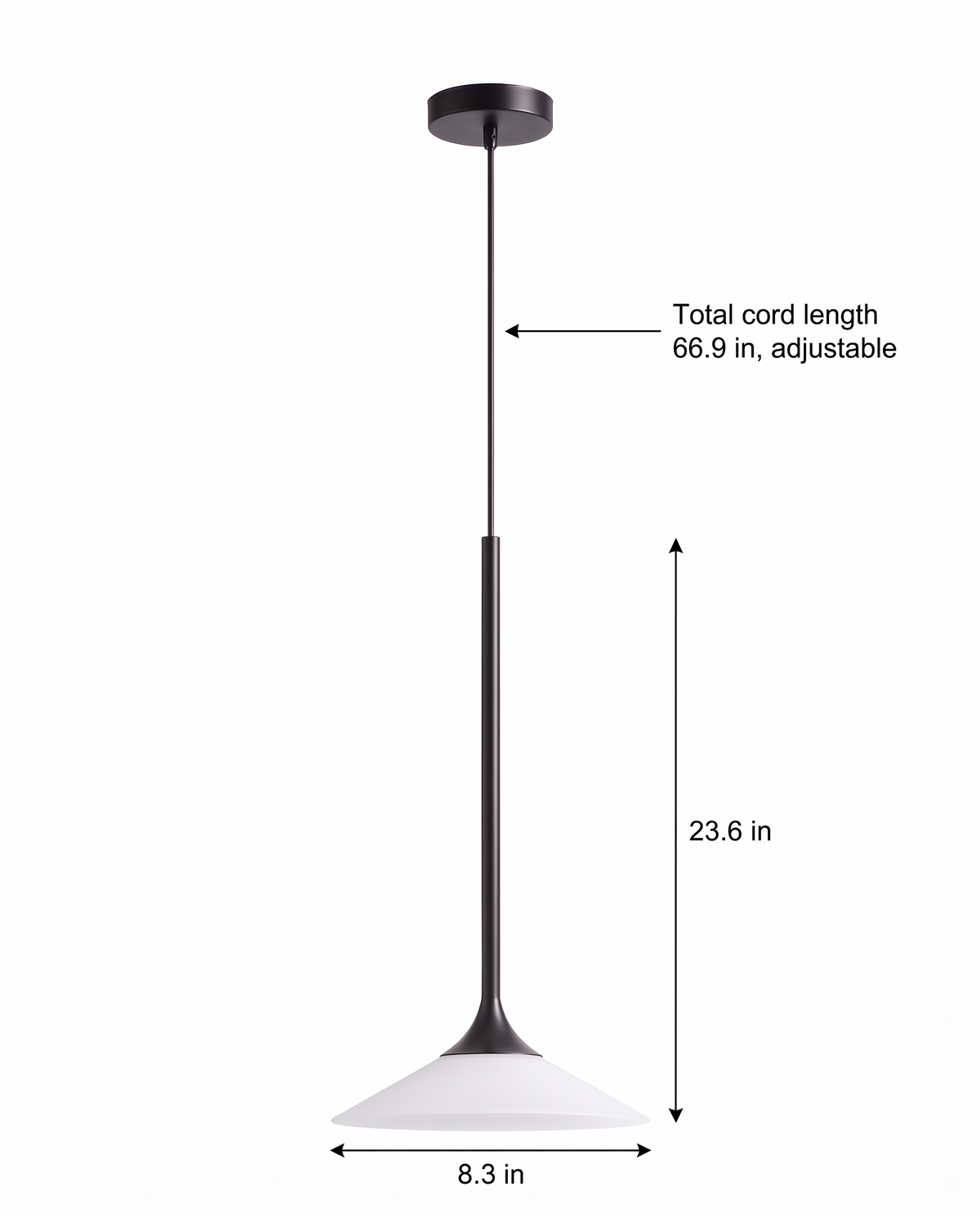 1-Light 5W LED Mini Cone Pendant Light with Acrylic Shade - full length with ceiling mount and dimensions (23.6 in solid pole, 66.9 in adjustable cord, 8.3 in shade diameter)