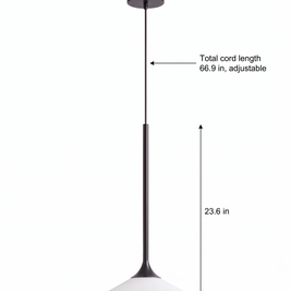 1-Light 5W LED Mini Cone Pendant Light with Acrylic Shade - full length with ceiling mount and dimensions (23.6 in solid pole, 66.9 in adjustable cord, 8.3 in shade diameter)