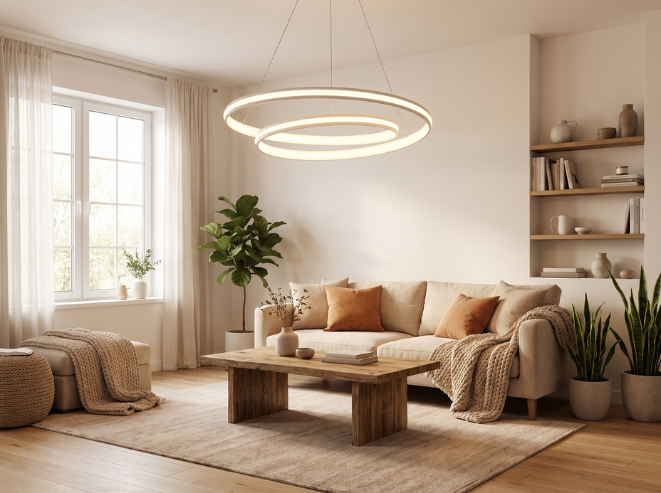 Spiral shaped dimmable LED pendant light in a warm modern living space