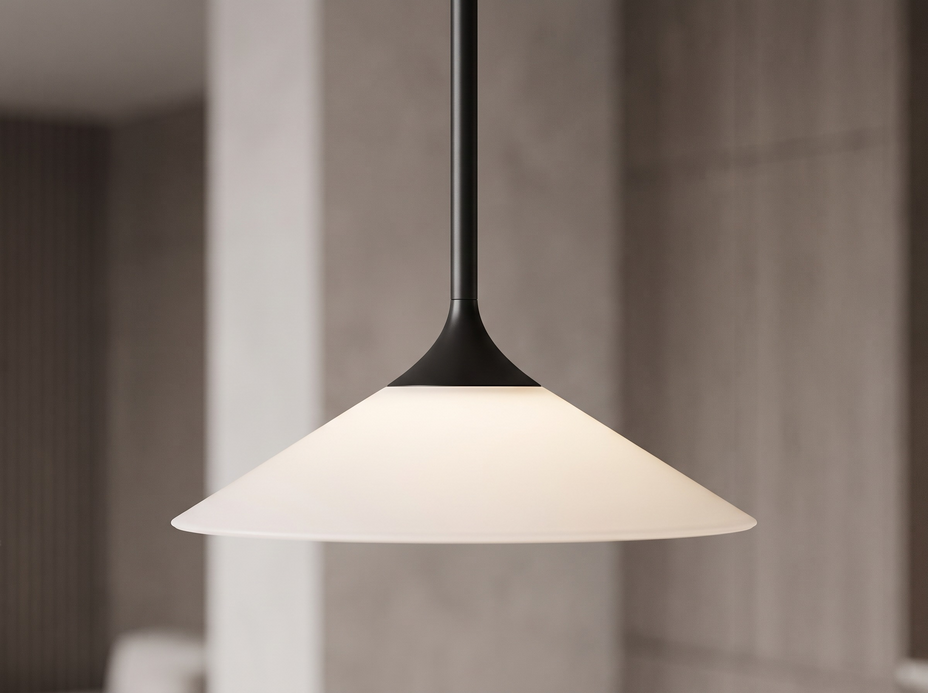 Close up of a mini cone LED pendant light with white acrylic shade