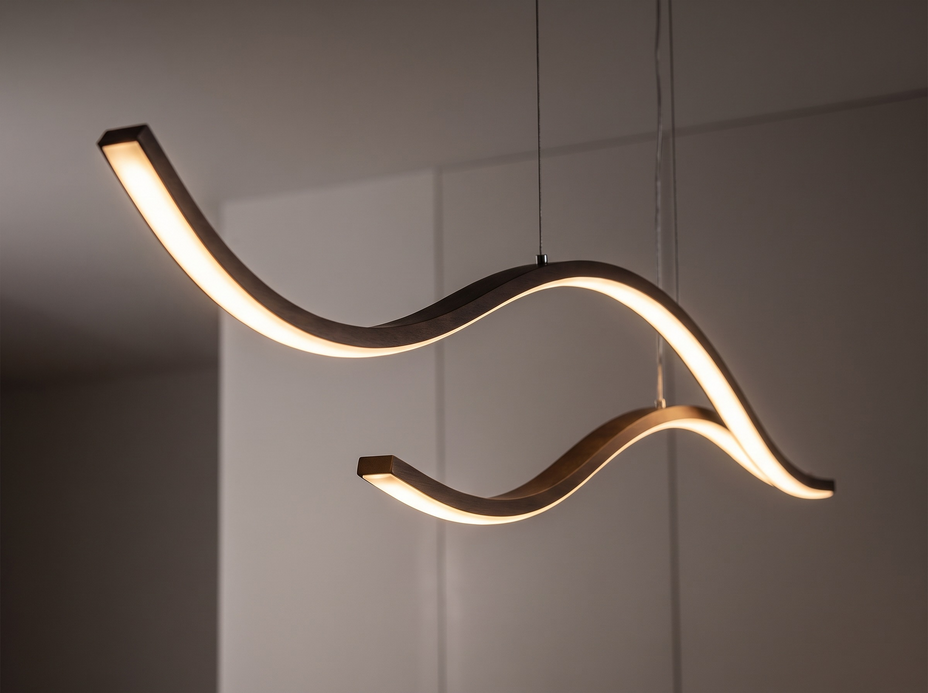 Close up sculptural detail of a curved wavy metal LED ceiling pendant light