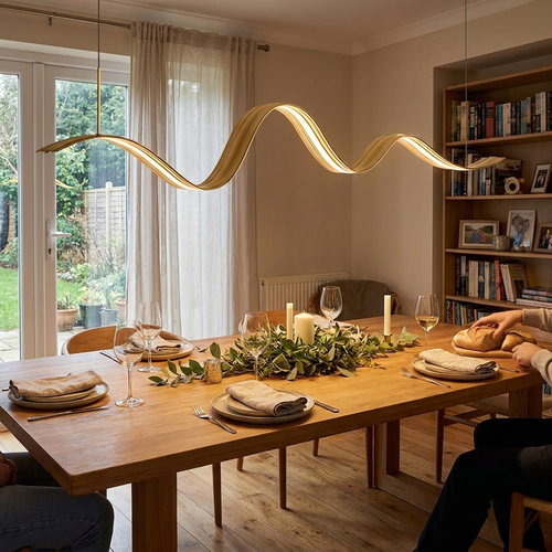 1-Light Linear LED Brass Elegant Flow Wave Pendant Light for