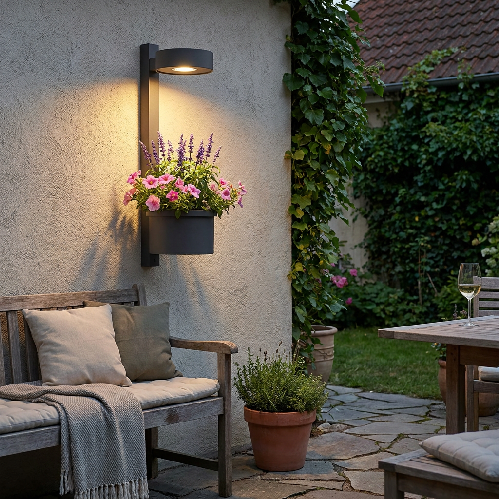 1-Light Solar Wall Mounted Plant Stand Outdoor Wall Light wi