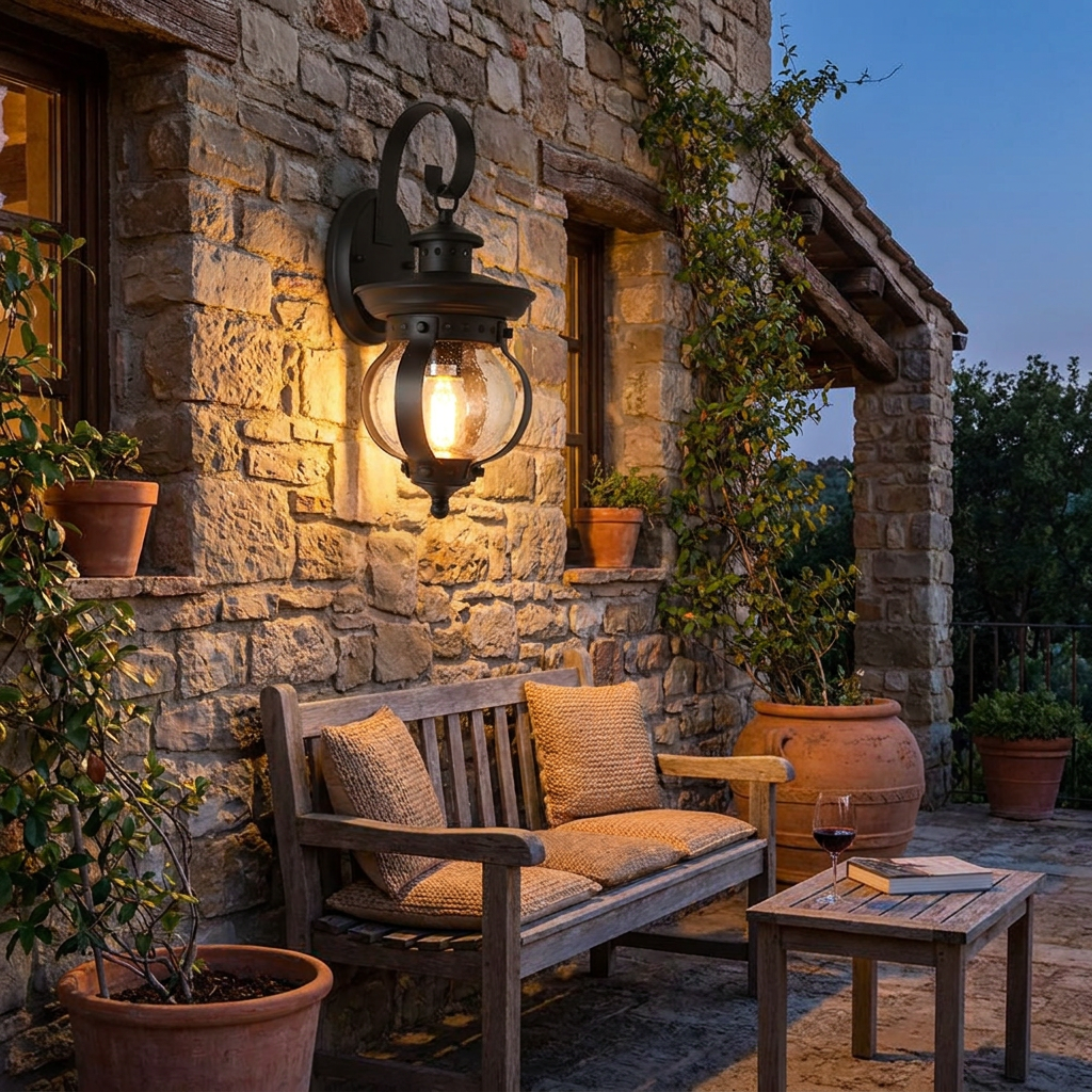 1-Light Seeded Glass Globe LED Outdoor Wall Lantern with Cur