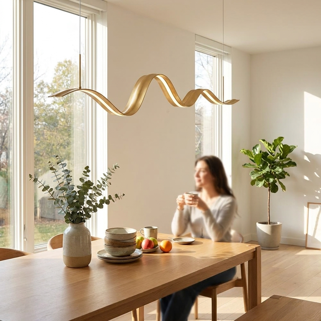 1-Light Linear LED Brass Elegant Flow Wave Pendant Light for
