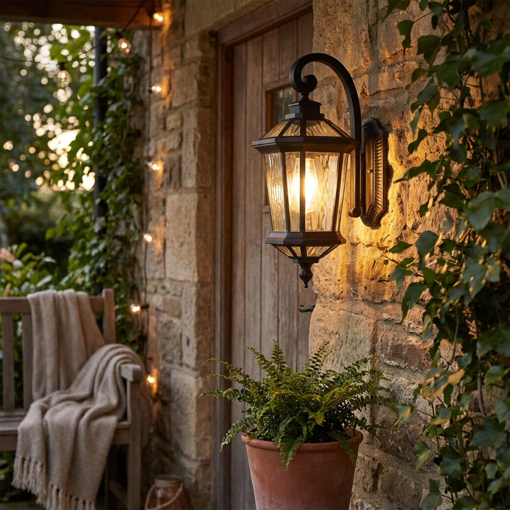 1-Light Black Clear Water Glass Outdoor Wall Light Lantern W