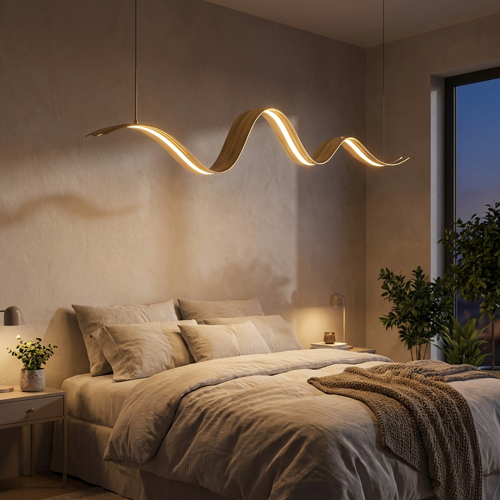 1-Light Linear LED Brass Elegant Flow Wave Pendant Light for