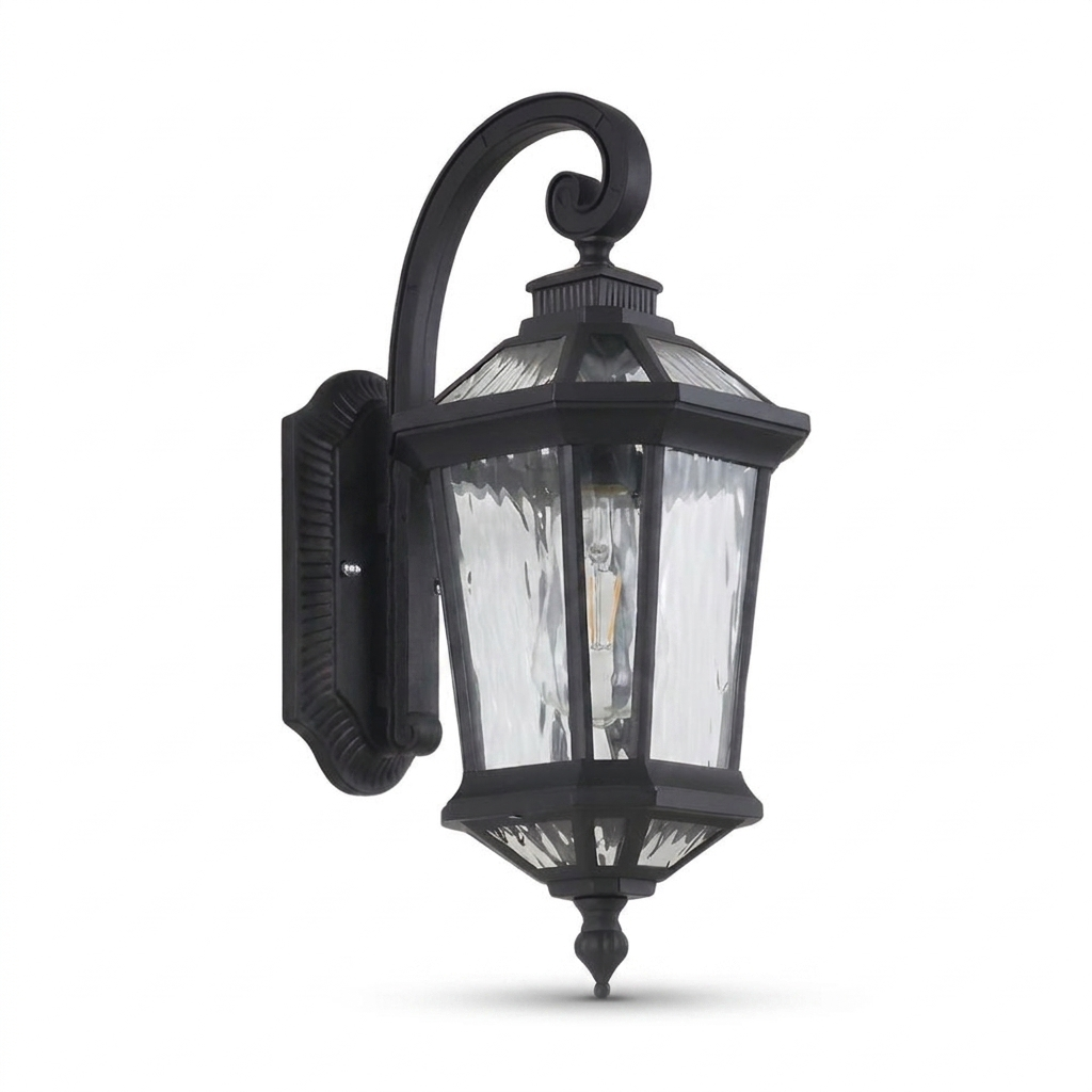 1-Light Black Clear Water Glass Outdoor Wall Light Lantern W - white bg