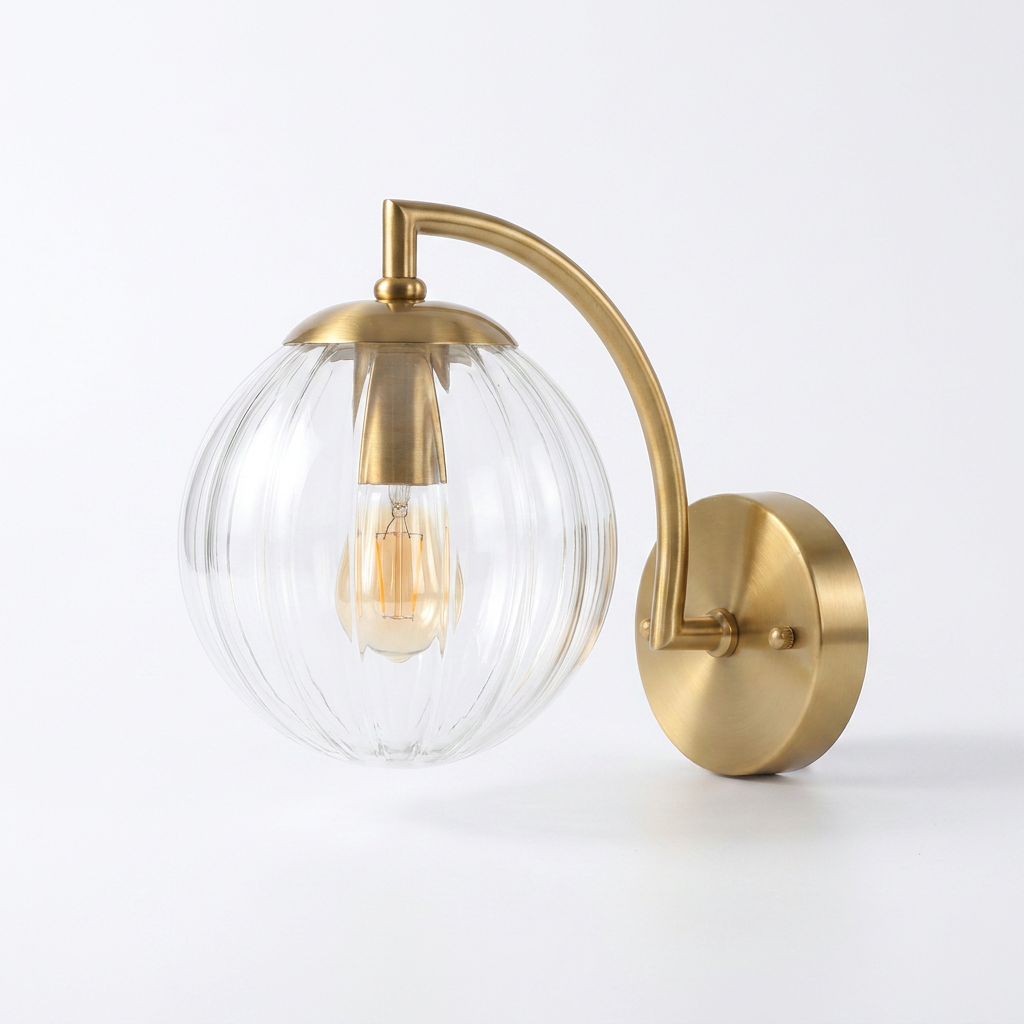1-Light Curved Arm Wall Sconce with Ball Rib Glass Ball Shad - white bg