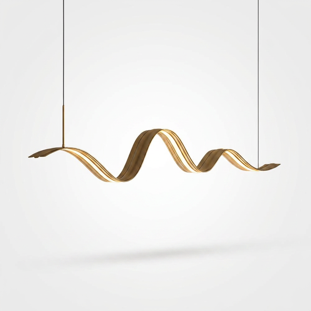 1-Light Linear LED Brass Elegant Flow Wave Pendant Light for - white bg