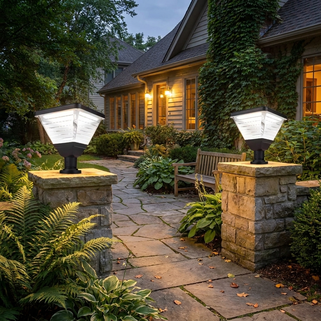 17.9-Inch Black Square Solar LED Pier Mount Post Light — lifestyle 1