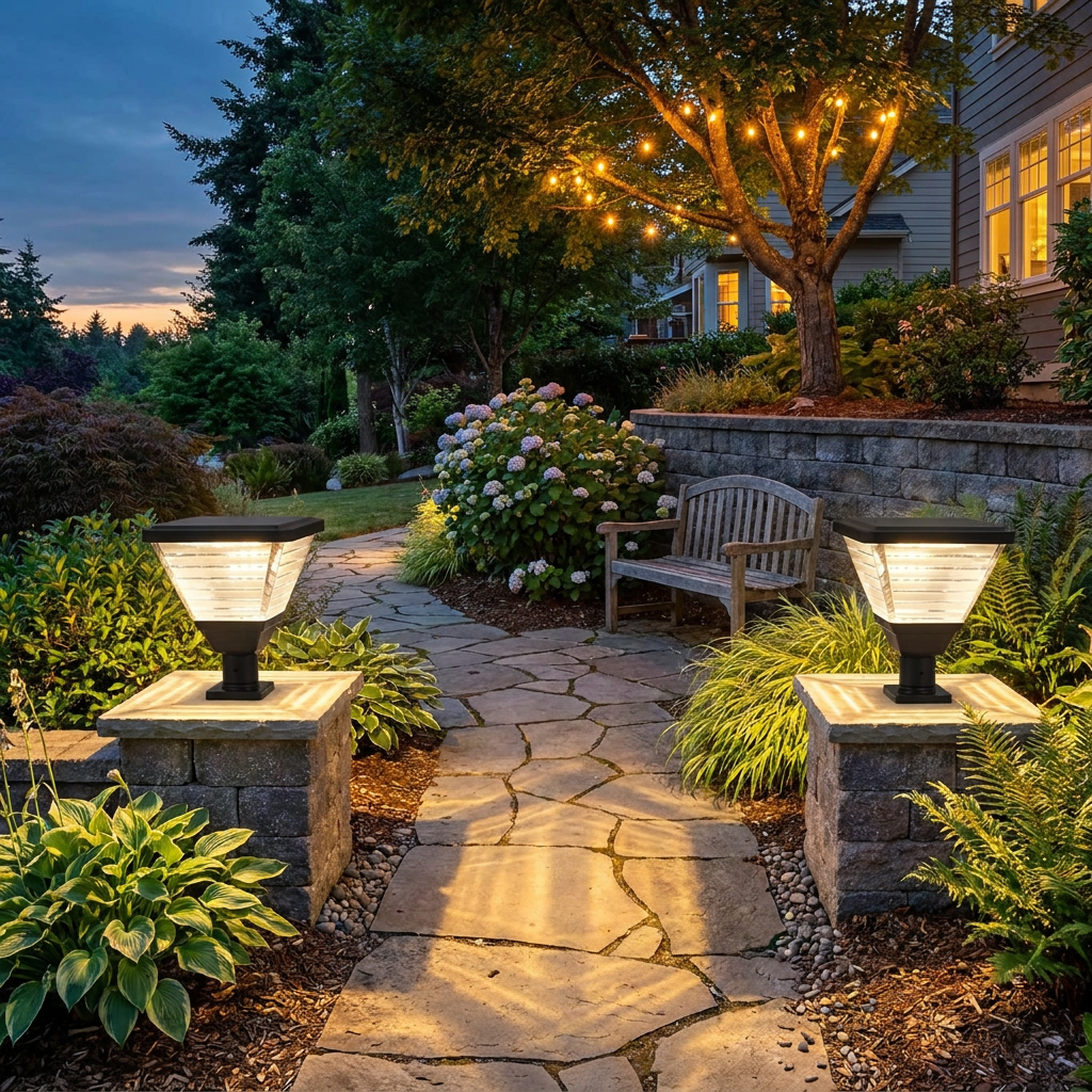 17.9-Inch Black Square Solar LED Pier Mount Post Light — lifestyle 2