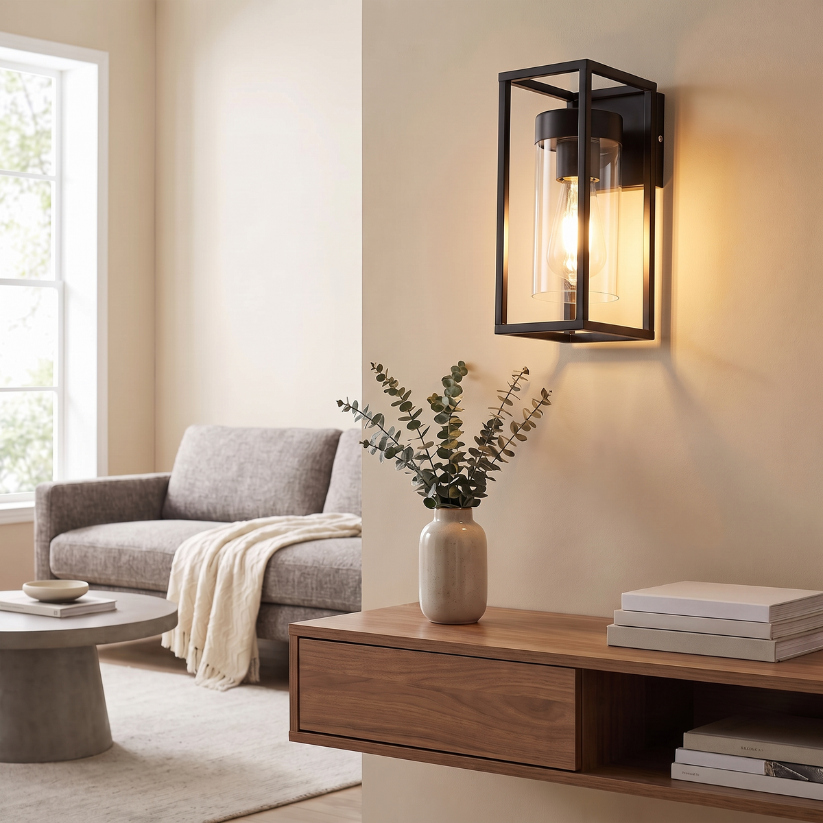 Industrial Glass Sconce lit above a walnut console in a bright living room