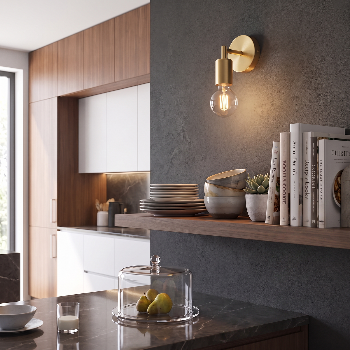 Minimalist Glass Wall Lamp installed as a single brass wall sconce above a kitchen shelf, lifestyle