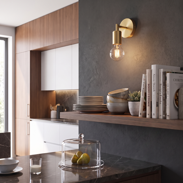 Minimalist Glass Wall Lamp installed as a single brass wall sconce above a kitchen shelf, lifestyle