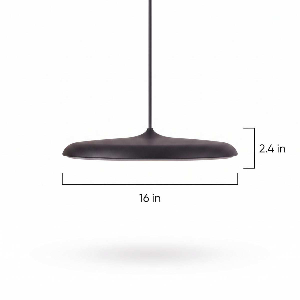 16'' Flat Circular Adjustable Metal LED Modern Pendant Light - full length with dimensions (16 in shade diameter, 2.4 in shade thickness)