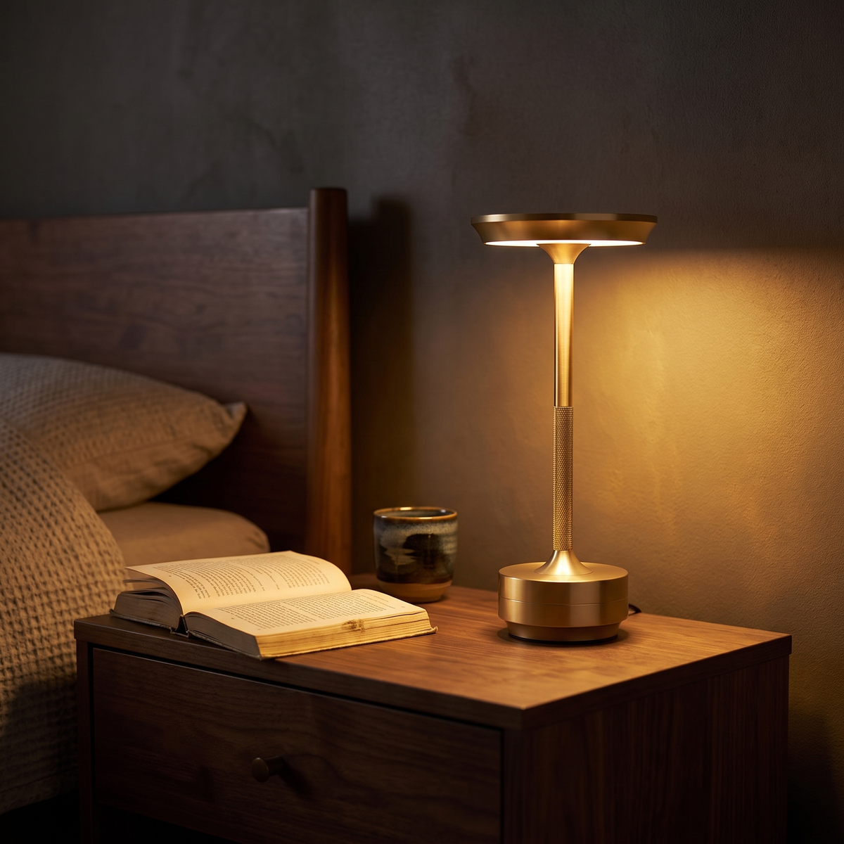 Modern Polished Touch Dimming Table Lamp glowing on a bedside table
