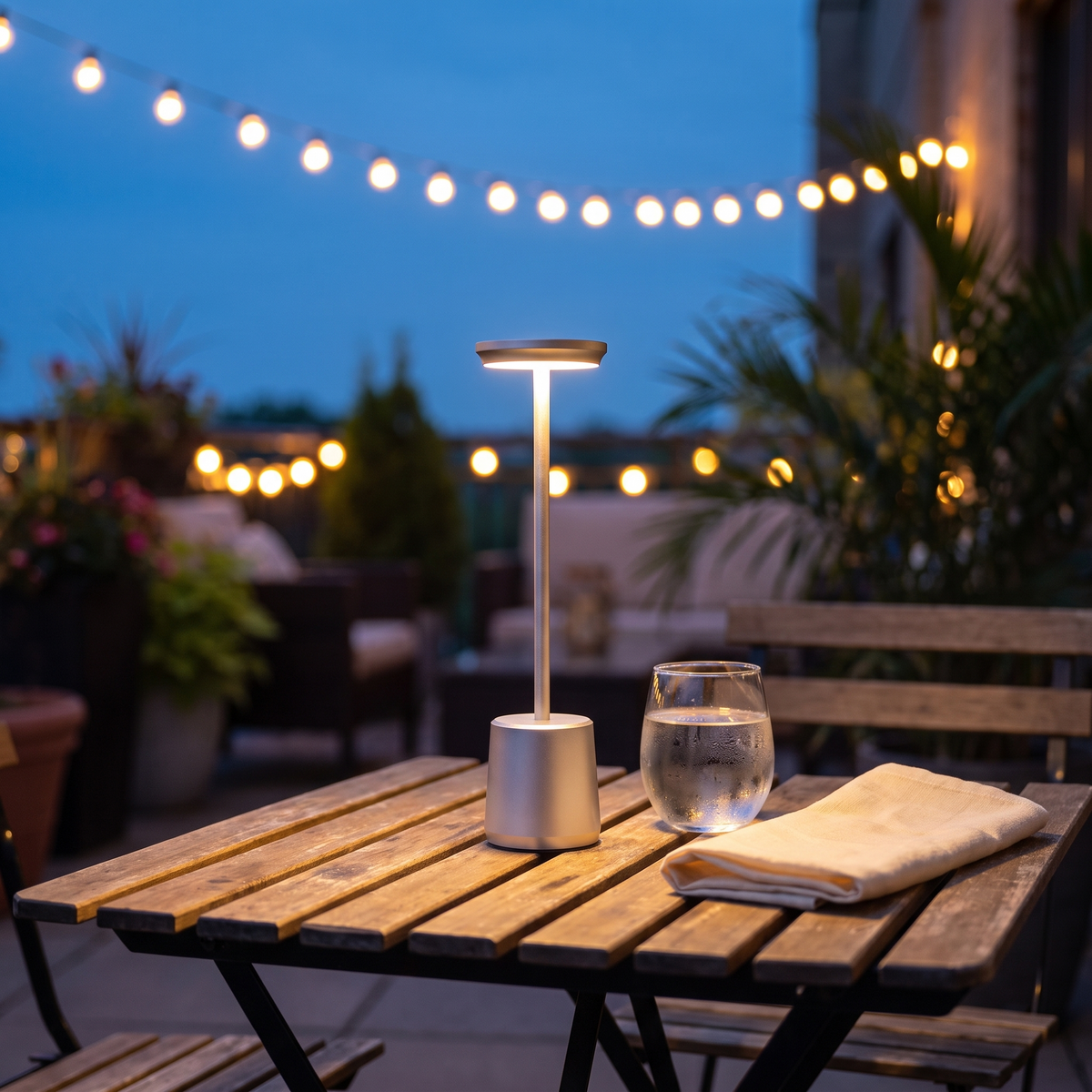 Cordless LED Accent Table Lamp on an outdoor patio table