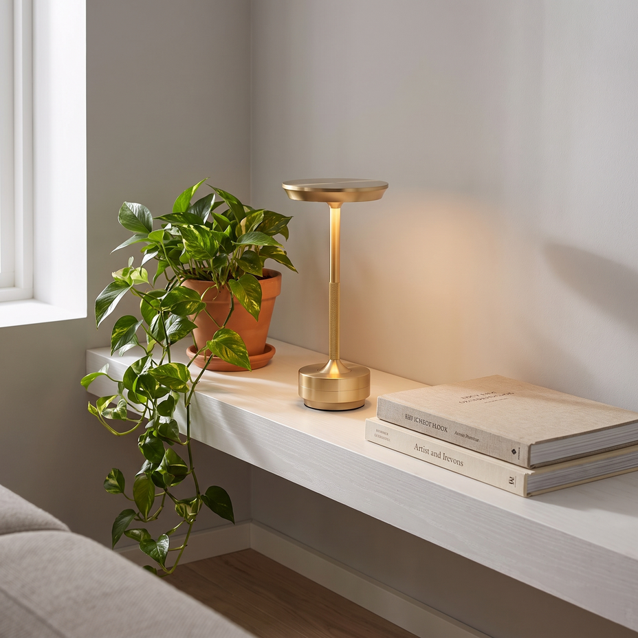 Modern Polished Touch Dimming Table Lamp on a living room shelf