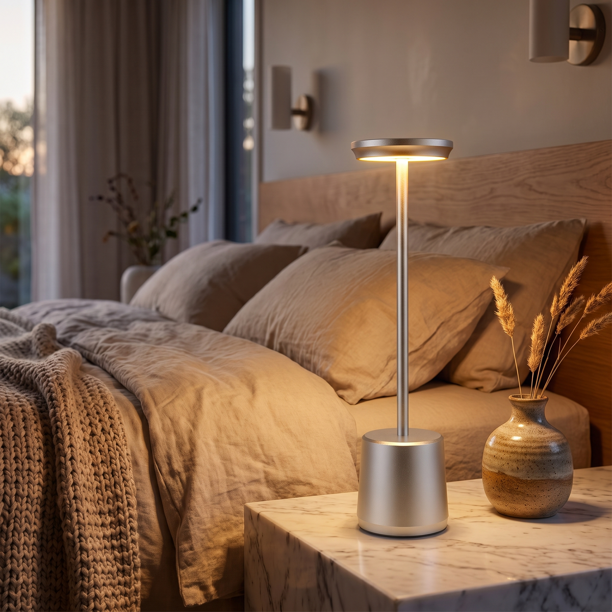 Cordless LED Accent Table Lamp glowing on a bedside table