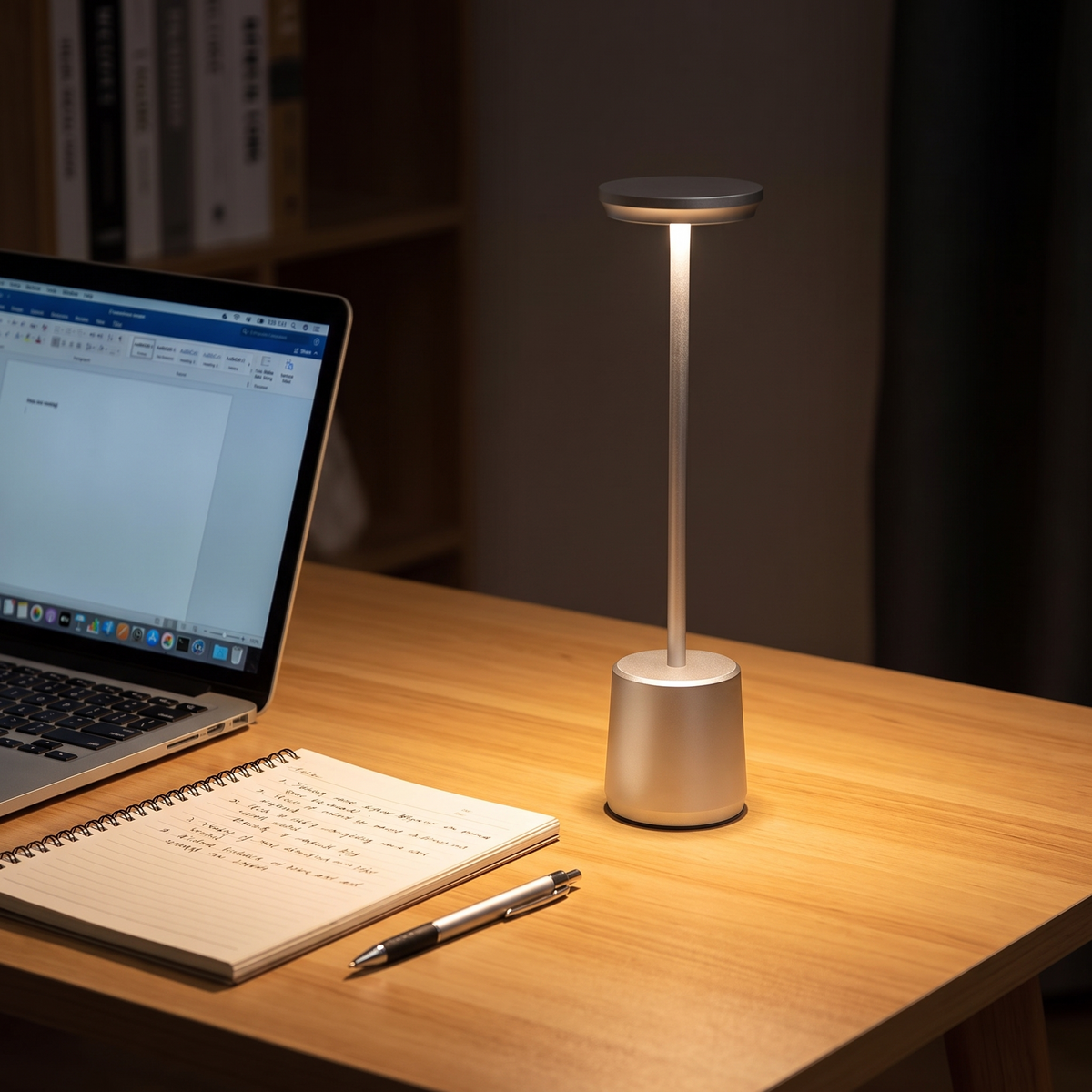 Cordless LED Accent Table Lamp on a home office desk at night
