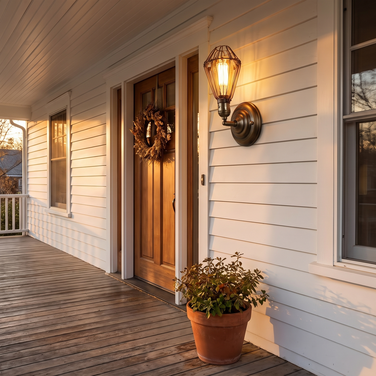 Industrial iron wall lamp on covered front porch