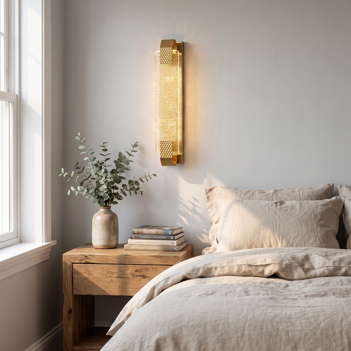 Luxury modern crystal wall light above bedroom nightstand