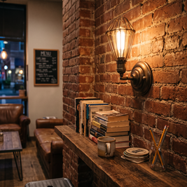 Industrial iron wall lamp on exposed brick wall