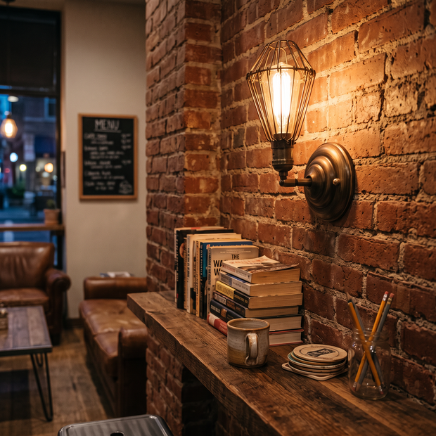 Industrial iron wall lamp on exposed brick wall