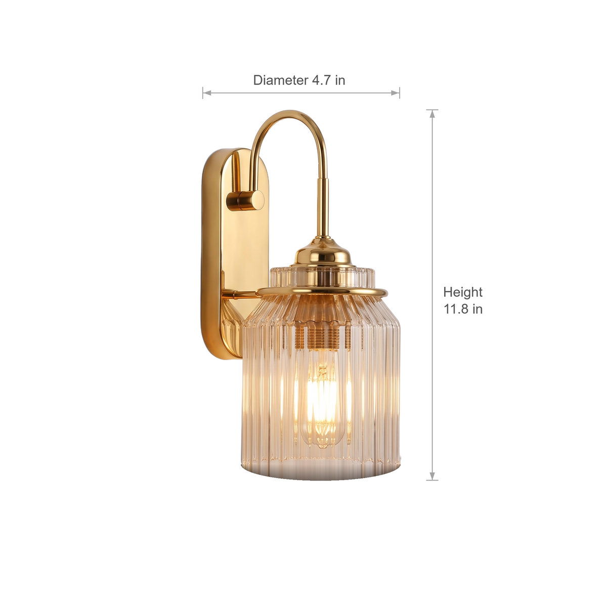 Gold wavy ribbed glass wall sconce dimensions on white