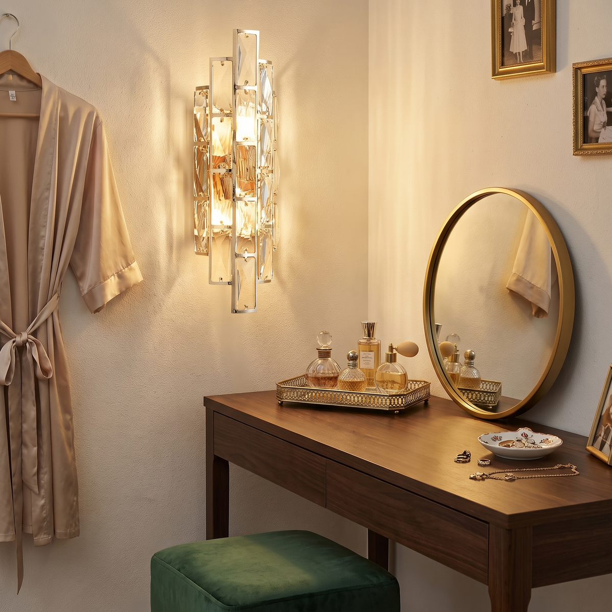 Crystal wall sconce above bedroom vanity table