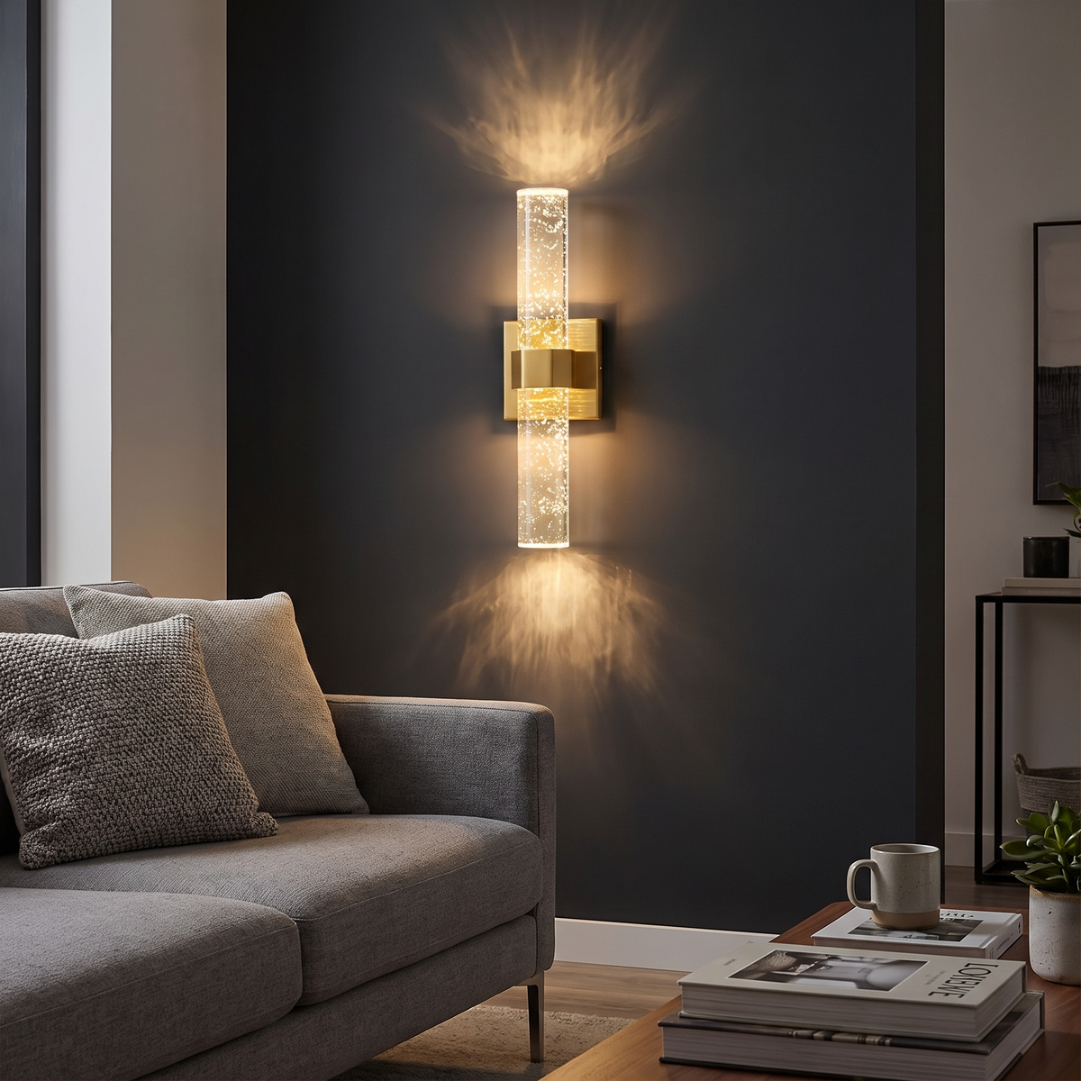 Bubble crystal up down wall sconce on charcoal accent wall
