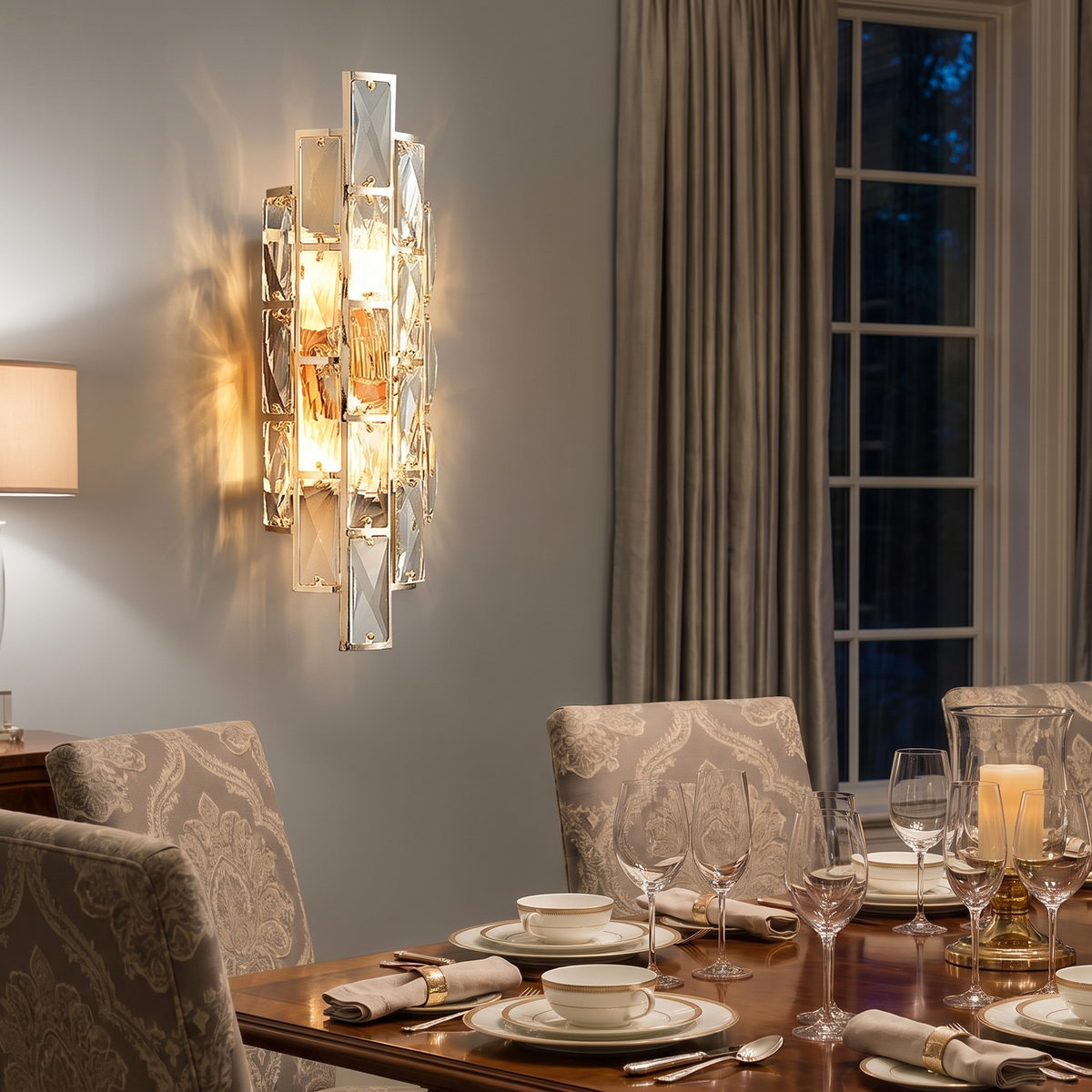 Crystal wall sconce in elegant dining room