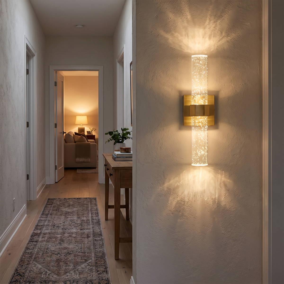 Bubble crystal wall sconce in hallway at dusk
