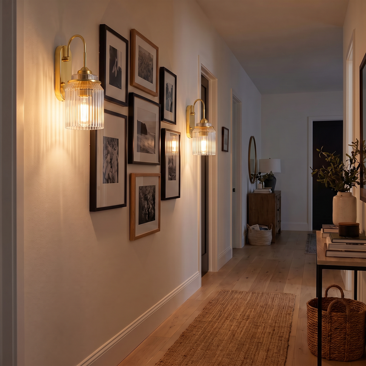 Two gold wavy glass wall sconces lining a hallway