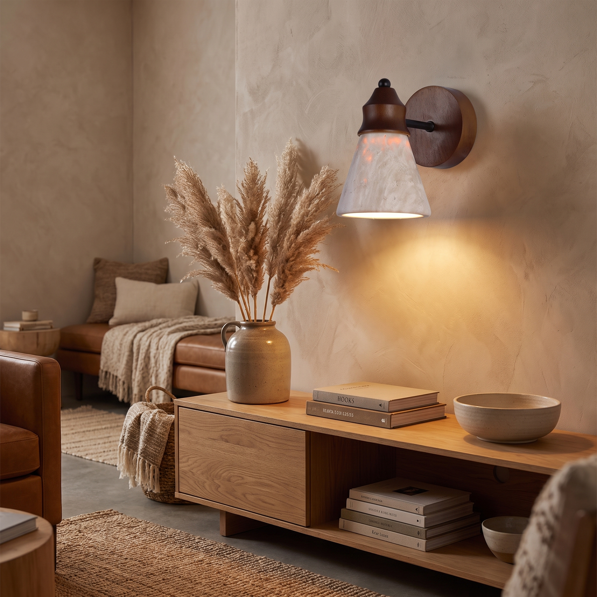 Travertine wood sconce above living room media console