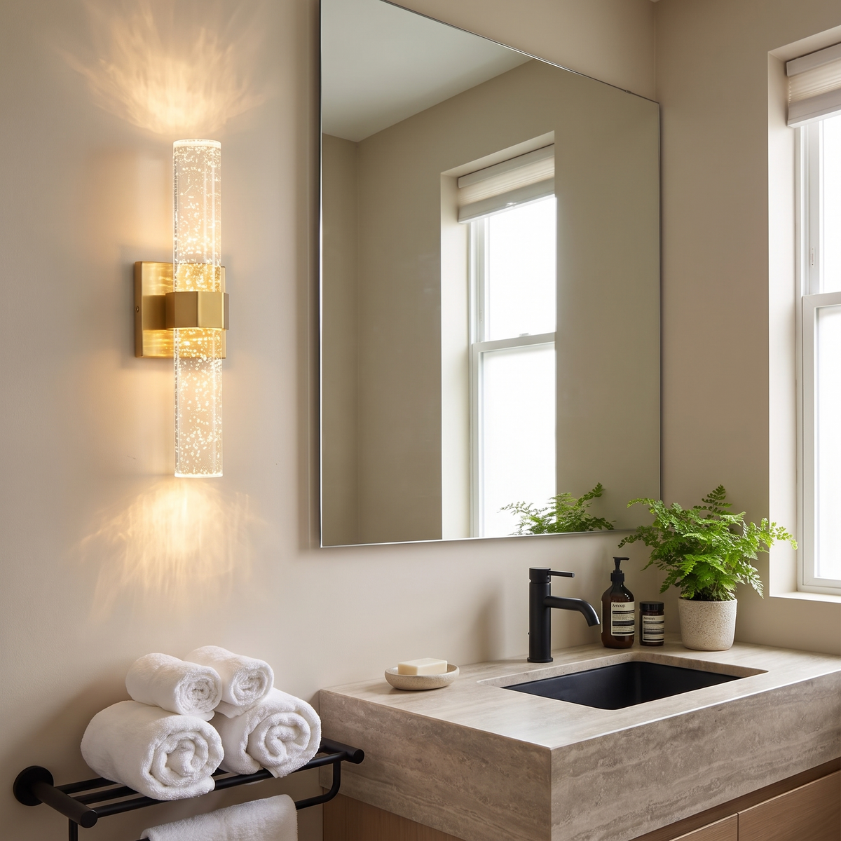Bubble crystal wall sconce beside bathroom mirror