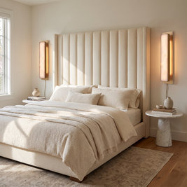 Pair of gold brass marble wall lights flanking a bed