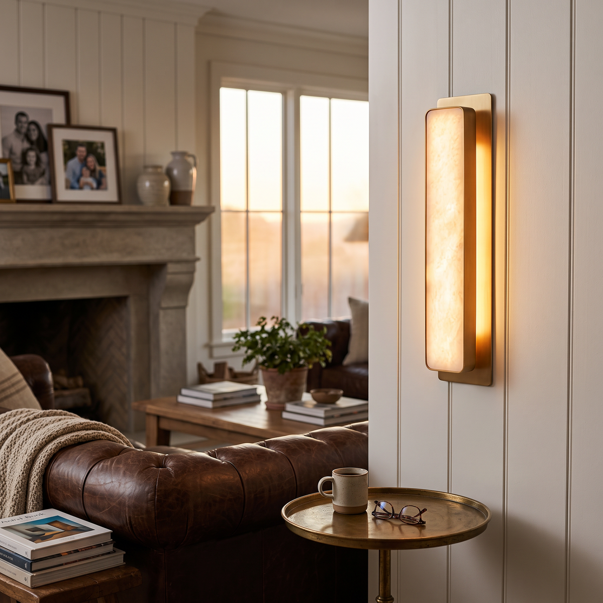 Gold brass marble wall light in upscale living room