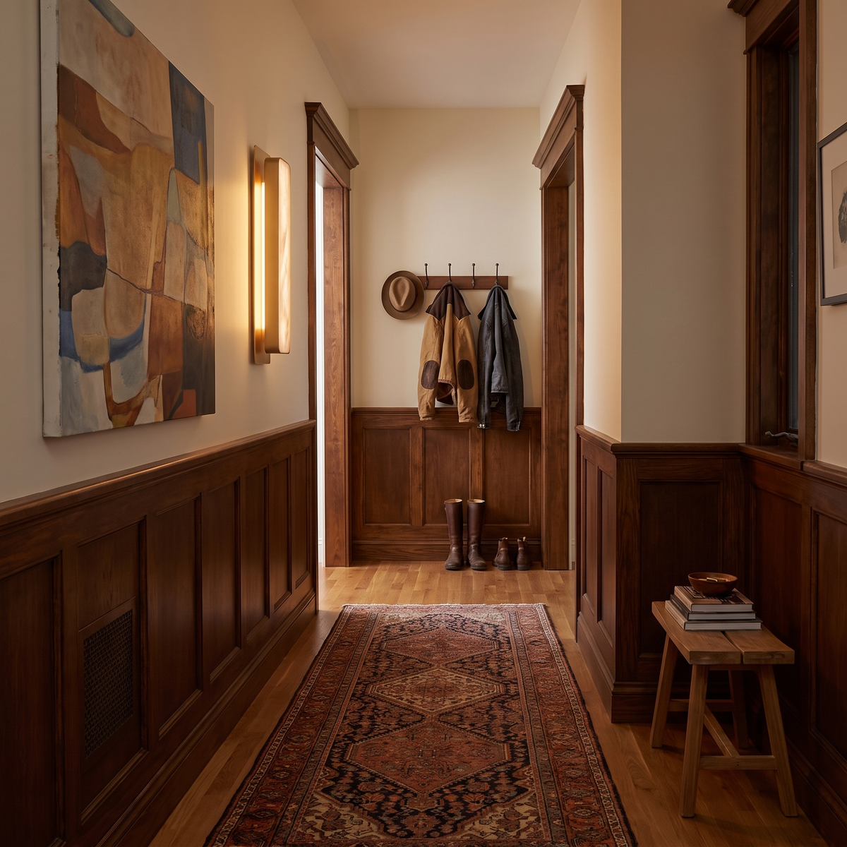 Gold brass marble wall light in entry corridor