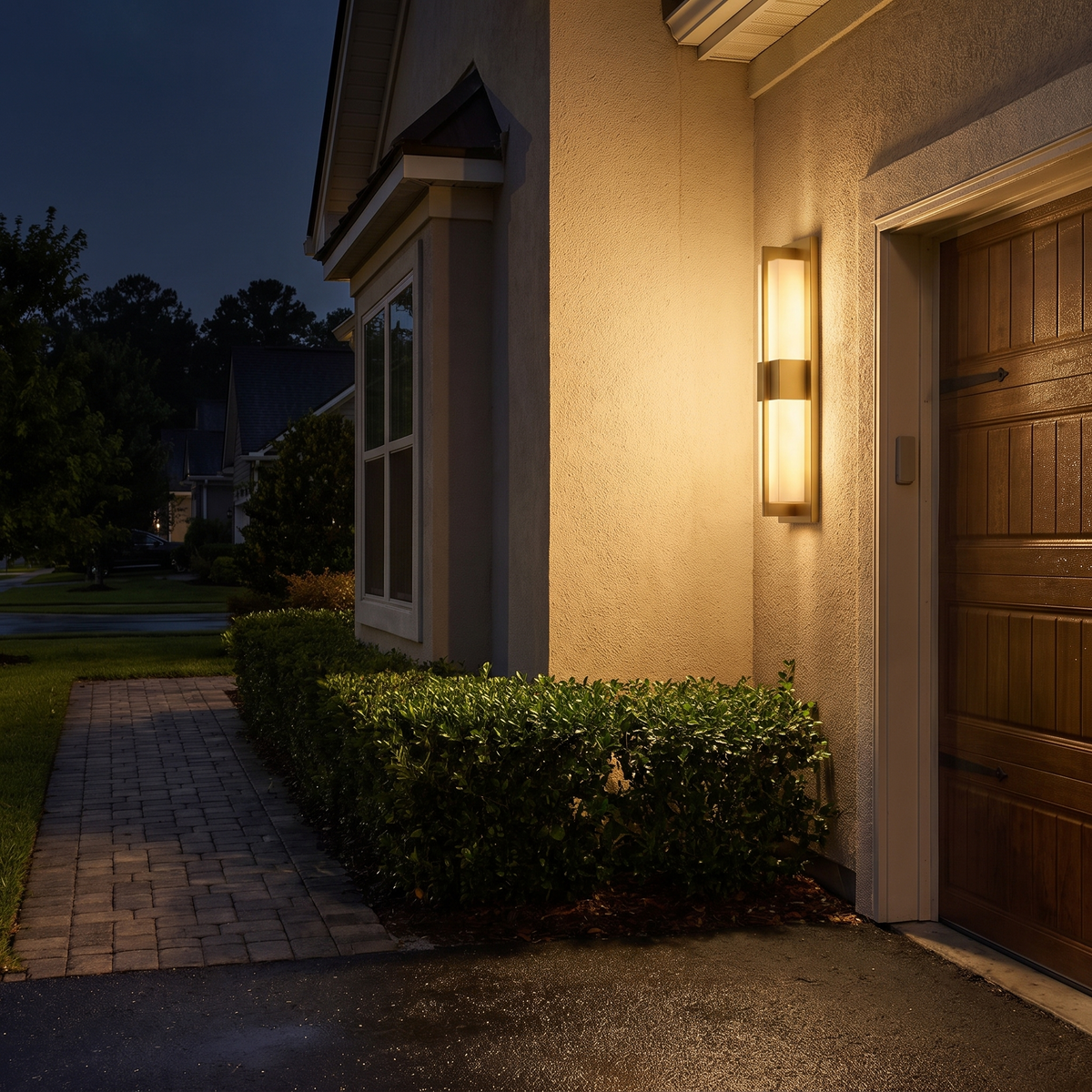 Gold linear outdoor wall light on garage wall at night