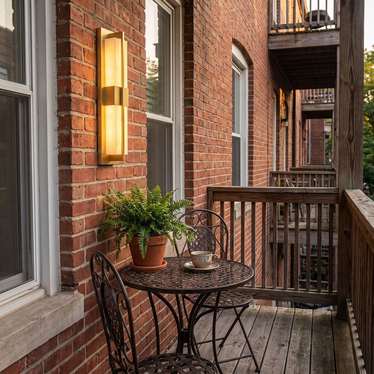 Gold linear outdoor wall light on brick balcony