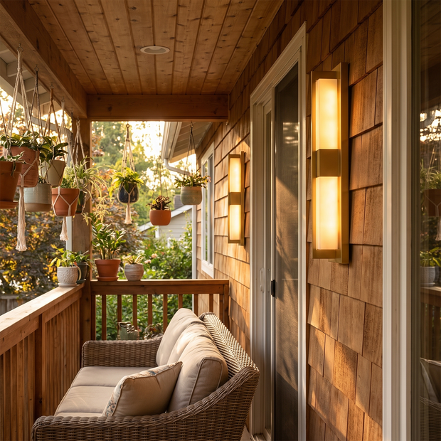 Gold linear outdoor wall lights on covered back patio