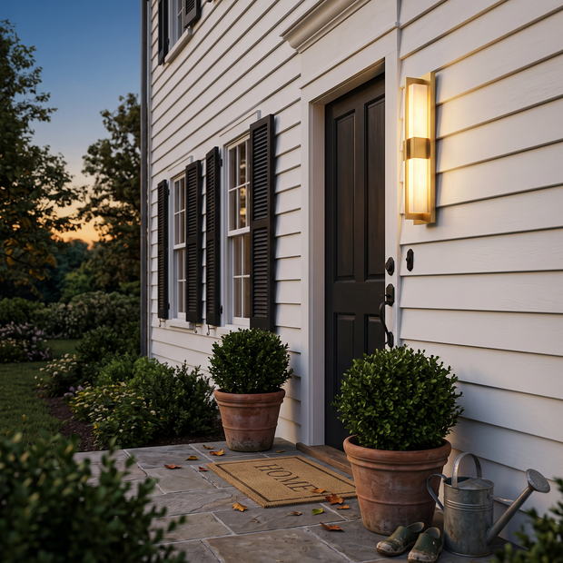 Gold linear outdoor wall light beside front door