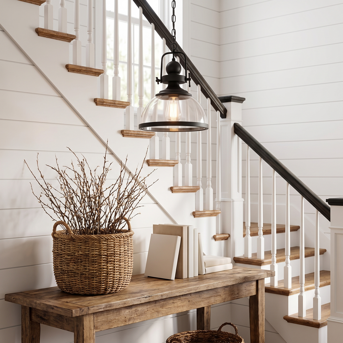 Clear Glass Bowl Pendant Light in an entry hall