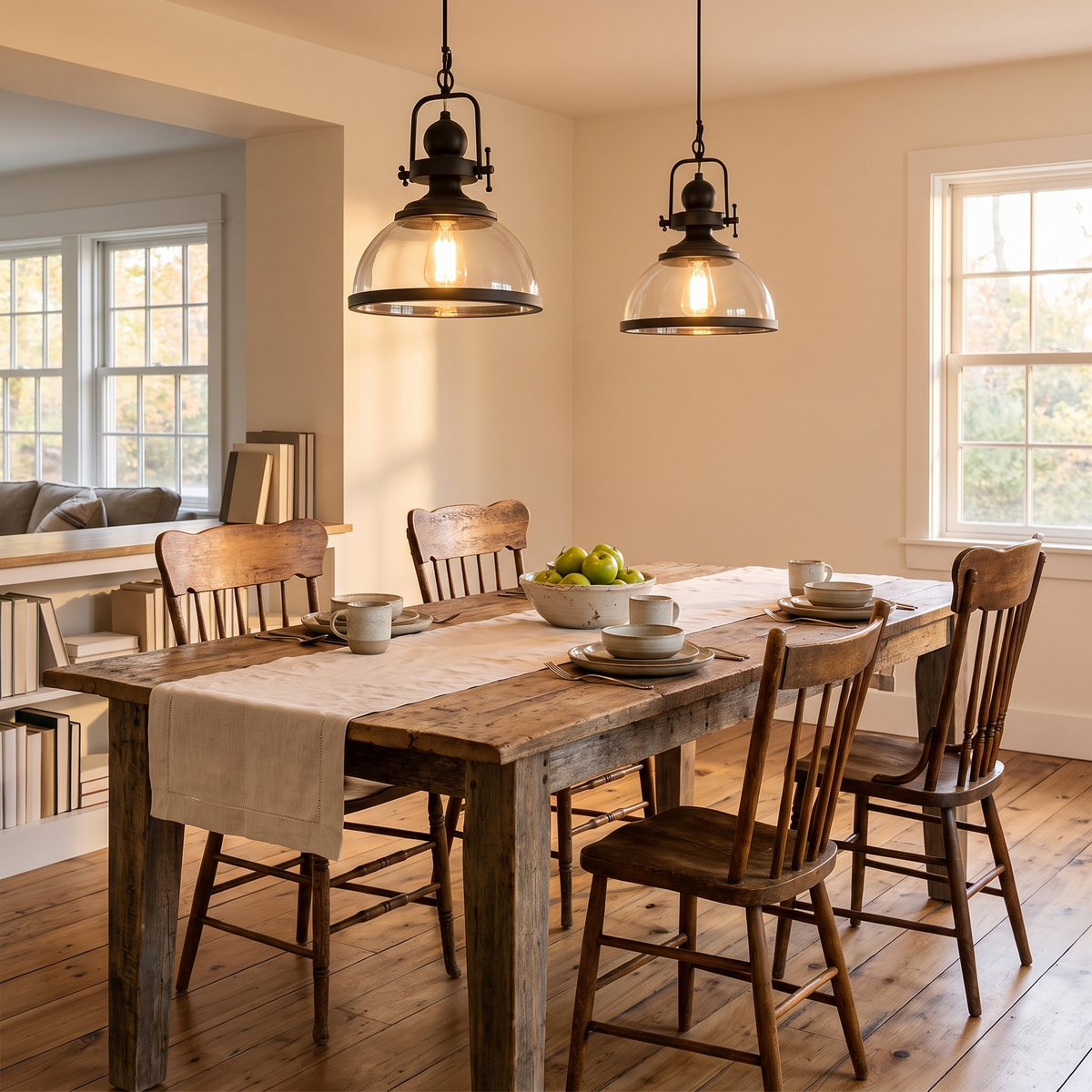 Clear Glass Bowl Pendant Light over a farmhouse dining table